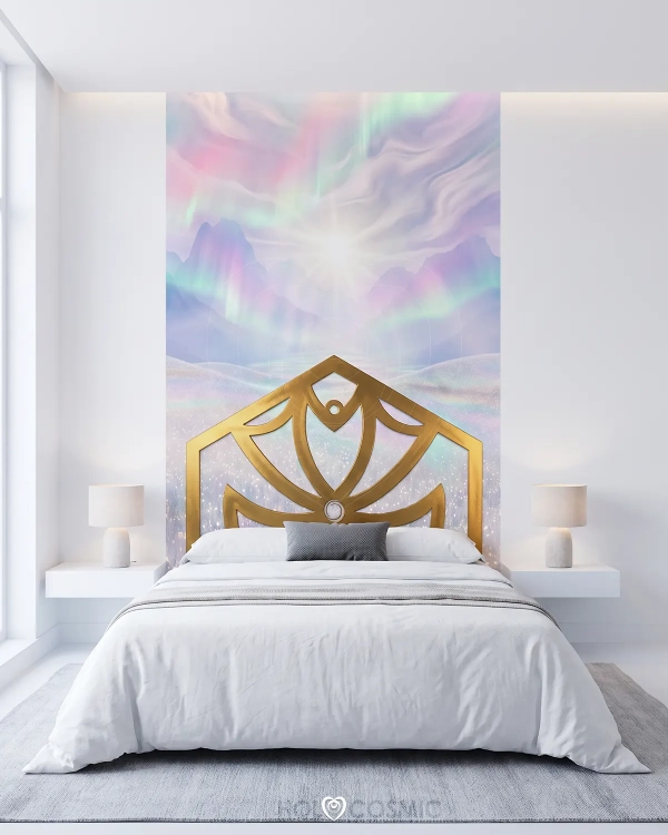Cabero cama mural de papel pintado TNT. Paisaje visionario "Andrak" en un dormitorio. Arte cósmico de Ivan-HoloCosmic.