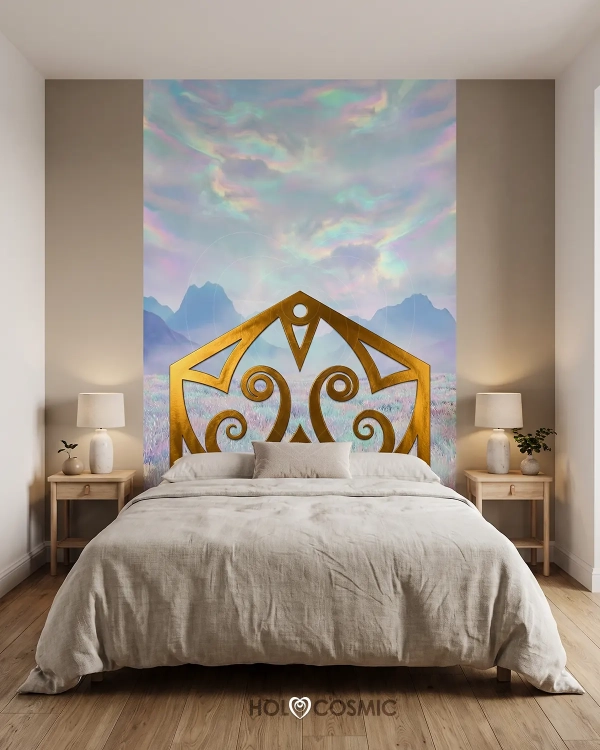 Cabecero de cama de papel pintado con paisaje de fantasía "Leiah" en una habitación de matrimonio. Arte de Ivan-HoloCosmic.