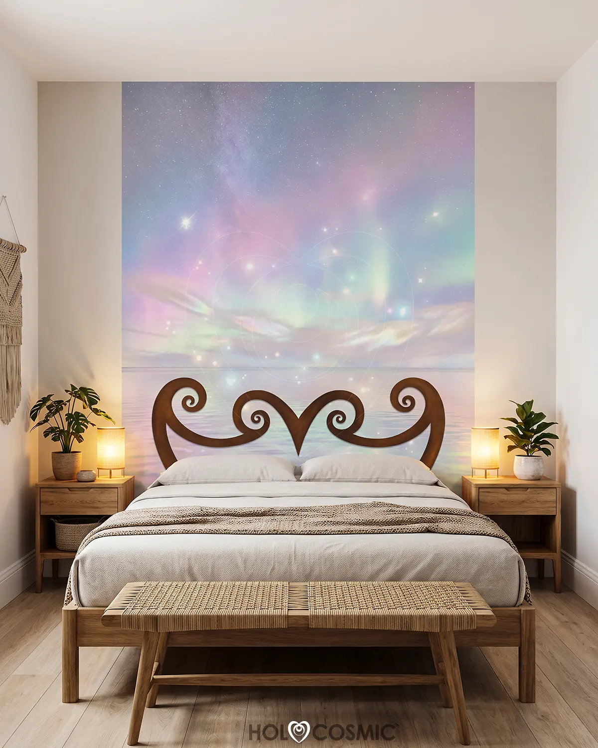 Lirah "Lirah" bed headboard. Fantasy landscape wallpaper mural behind a double bed. Art by Ivan-HoloCosmic.