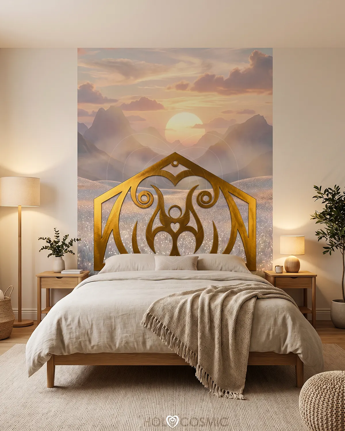 Shaeim Master bedroom with a double bed featuring the "Shaeim" dreamscape wallpaper mural headboard by the artist Ivan-HoloCosmic.