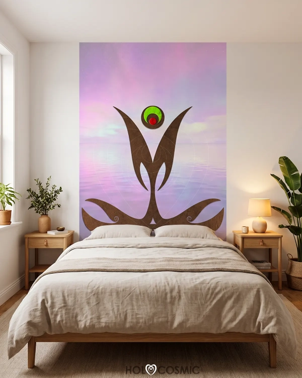 Cabecero mural "Zohar" de papel pintado TNT de un paisaje onírico y fantástico del artísta Ivan - HoloCosmic detrás de una cama de matrimonio.