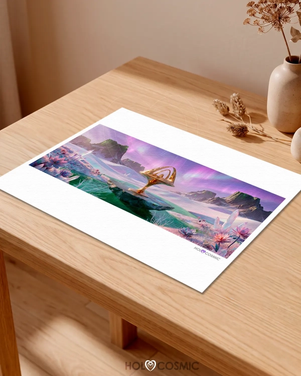Lámina 40x30 cm en papel Fine Art del Paisaje Visionario Imneli, sobre una mesa de madera. Arte de HoloCosmic.