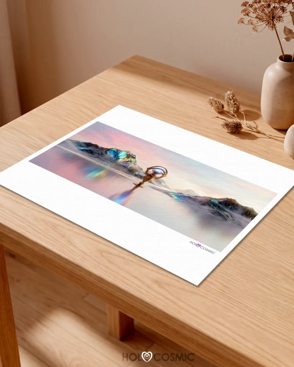 Lámina Fine Art Print 30 x 40 cm del paisaje visionario "Thariel", apoyada sobre la superficie de una mesa de madera. Arte de Ivan HoloCosmic.