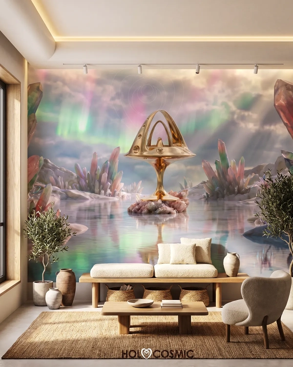 Mural de pared de arte visionario con paisaje onírico "Imneli" en una sala de estar. Arte de Ivan - HoloCosmic.