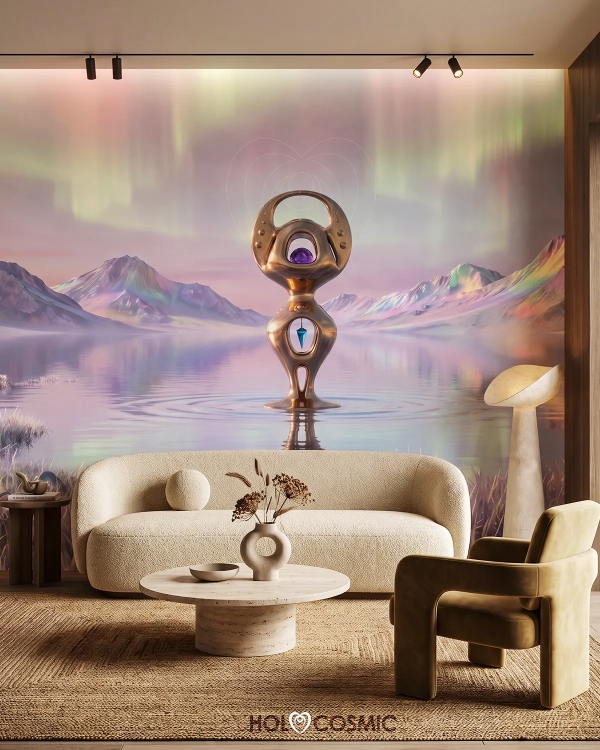 Mural de papel pintado de un paisaje visionario "Urzel" en la pared de una sala de estar. Arte cósmico de Ivan - HoloCosmic.